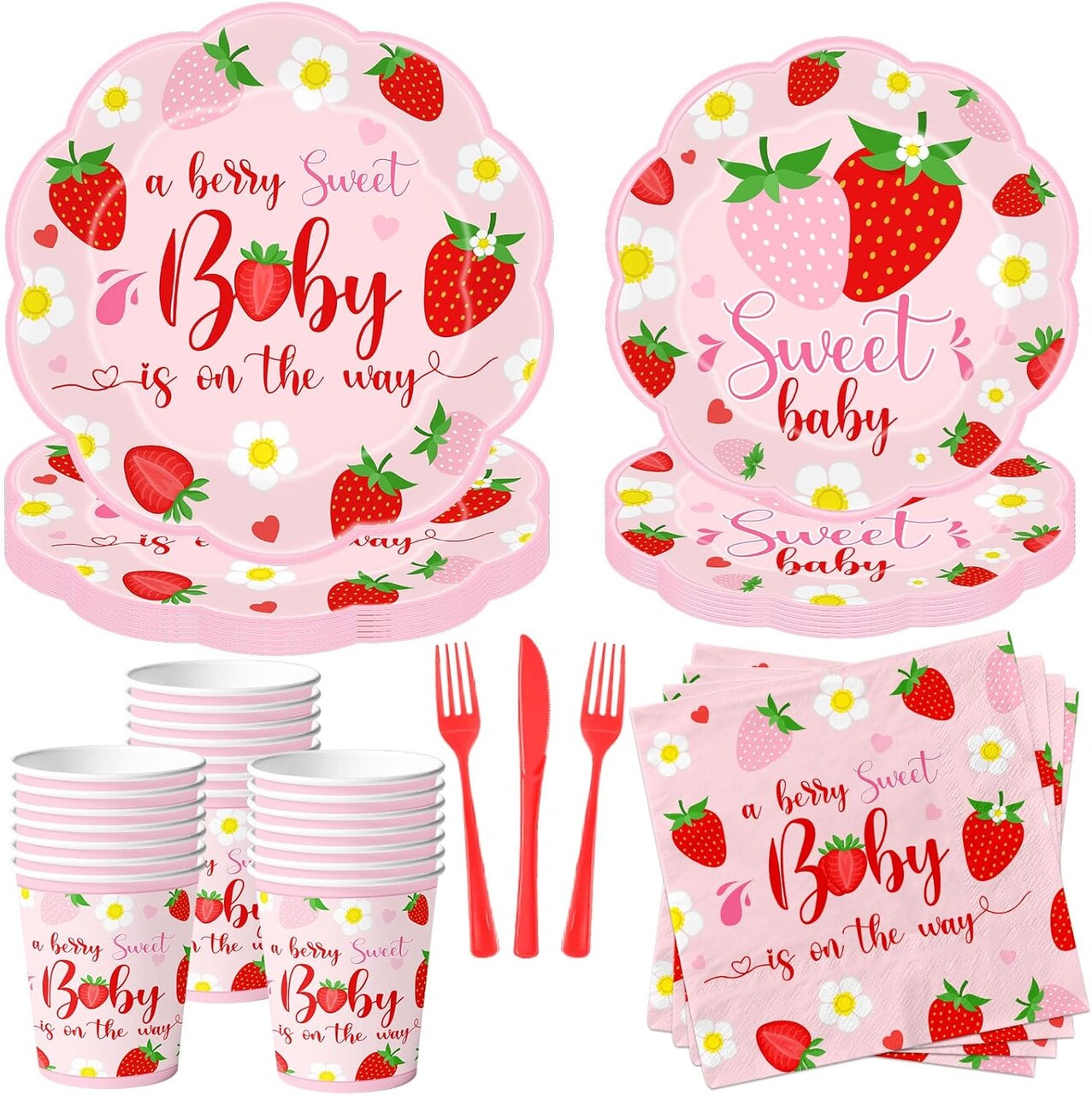 Strawberry Baby Shower Decorations, 150Pcs A Berry Sweet Baby is on the Way Decorations Tableware